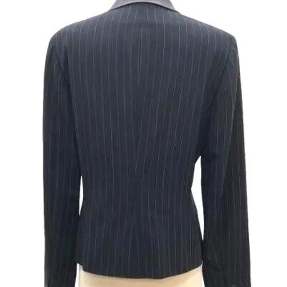 Ralph Lauren Black Pinstripe Wool Blazer Leather Collar Size 12 Made in U.S.A. - Picture 2 of 11